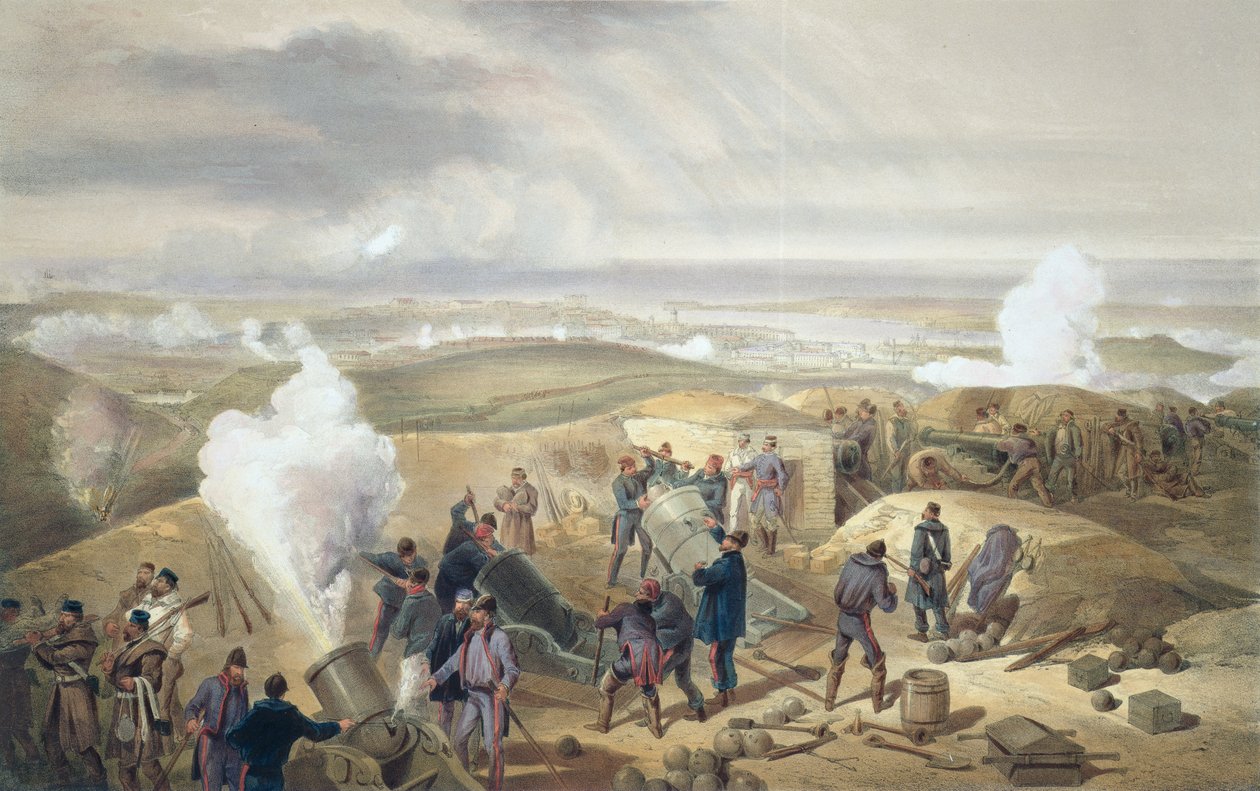 A Hot Day in the Batteries, lautanen "The Seat of War in the East" -pubista. Paul und Dominic Colnaghi und Co., 1856 tekijältä William Crimea Simpson