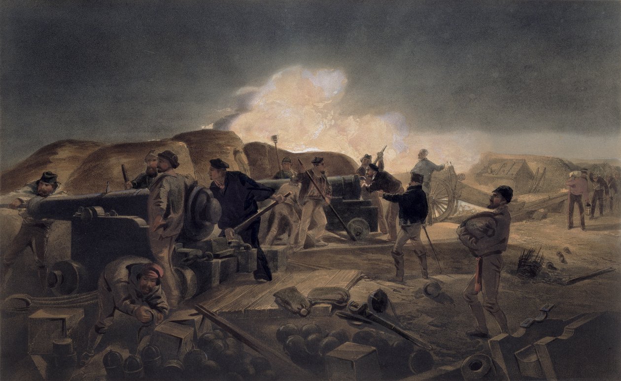 A Hot Night in the Batteries, levy "The Seat of War in the East", pubi. Paul und Dominic Colnaghi und Co., 1856 tekijältä William Crimea Simpson