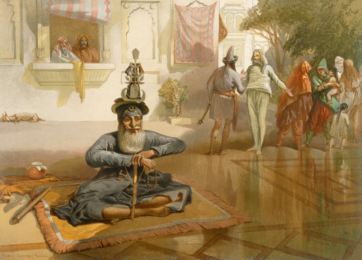 Akali pyhässä tankissa, Amritsar, "Intia muinainen ja moderni", 1867 tekijältä William Crimea Simpson
