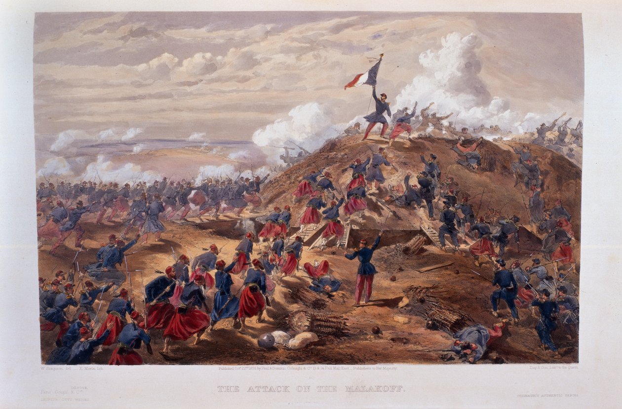 Attack on the Malakoff, kaiverrettu Edmond Morin (1824-82) teoksesta "The Seat of War in the East - Second Series", julkaisija Colnaghi und Co., 1855 tekijältä William Crimea Simpson
