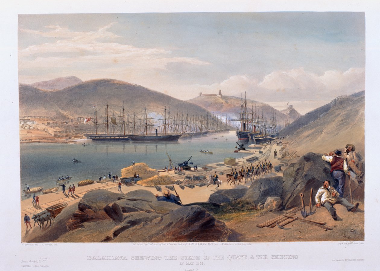 Balaklava näyttää laiturien ja laivaliikenteen tilan toukokuussa 1855 tekijältä William Crimea Simpson