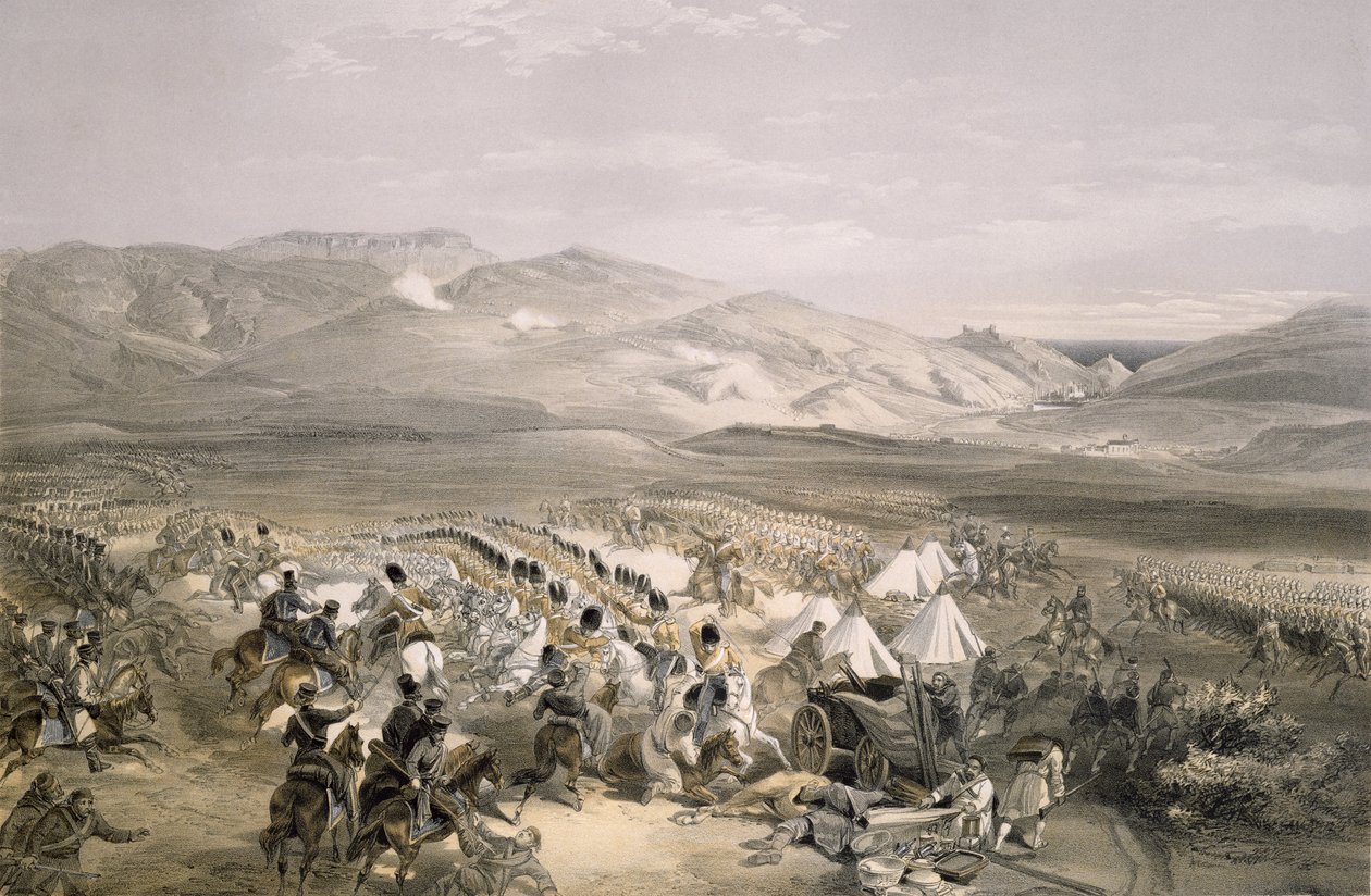 Raskaan ratsuväen prikaatin hyökkäys Balaclavan taistelussa 25. lokakuuta 1854, kaiverrus E. Walker, pub. 1855 tekijältä William Crimea Simpson