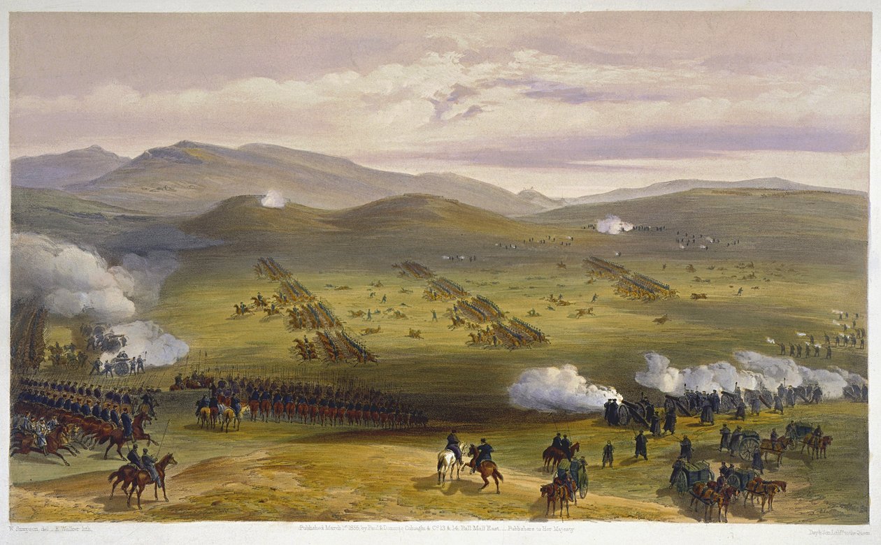 Kevyen ratsuväkiprikaatin hyökkäys 25. lokakuuta 1854, yksityiskohta tykistöstä, teoksesta The Seat of War in the East, julkaisija Paul & Dominic Colnaghi & Co., 1856, litografinen yksityiskohta teoksesta 75991. tekijältä William Crimea Simpson