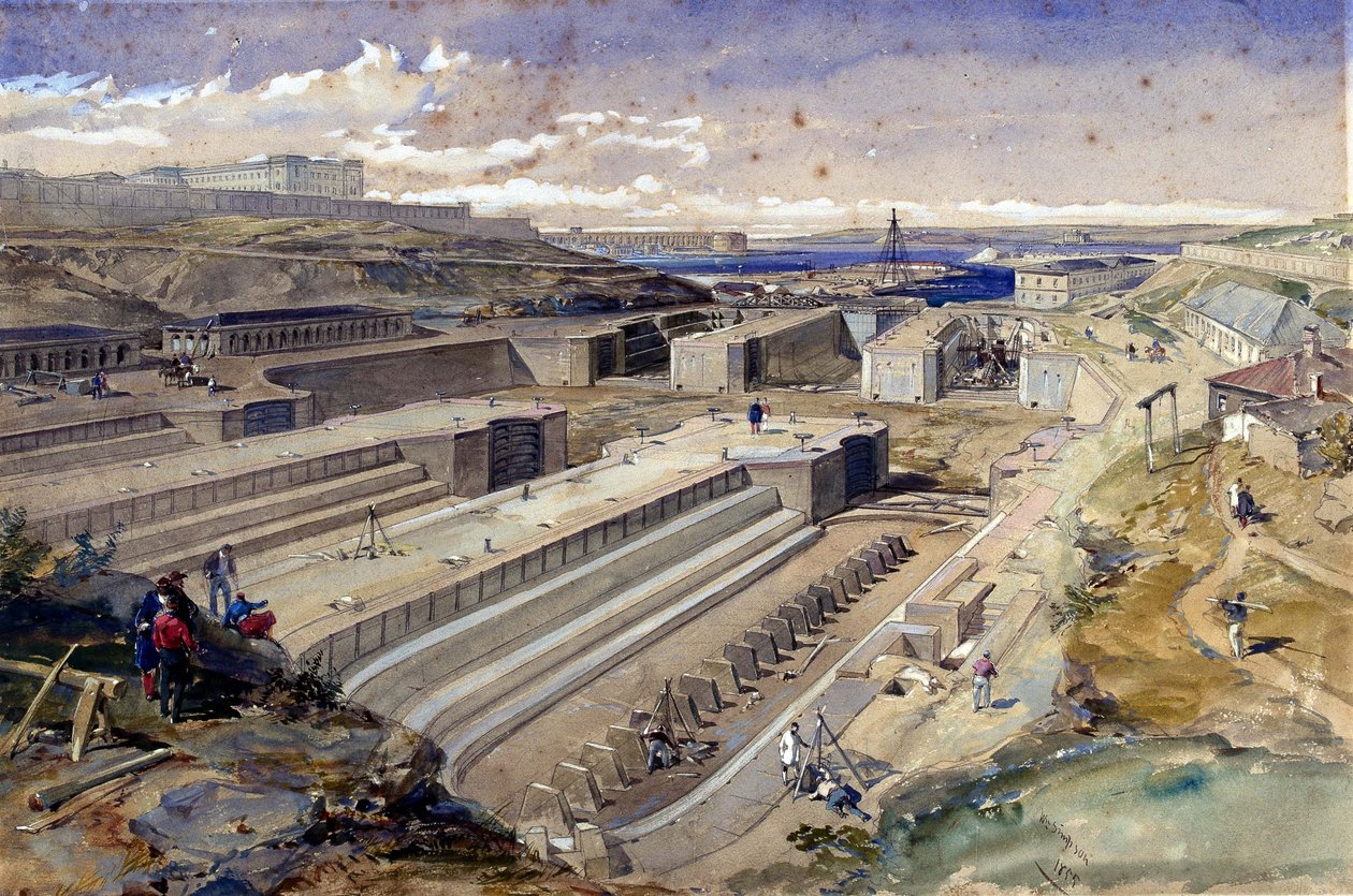 Sebastopolin telakka St Paulin linnakkeen raunioilla, 1855 tekijältä William Crimea Simpson