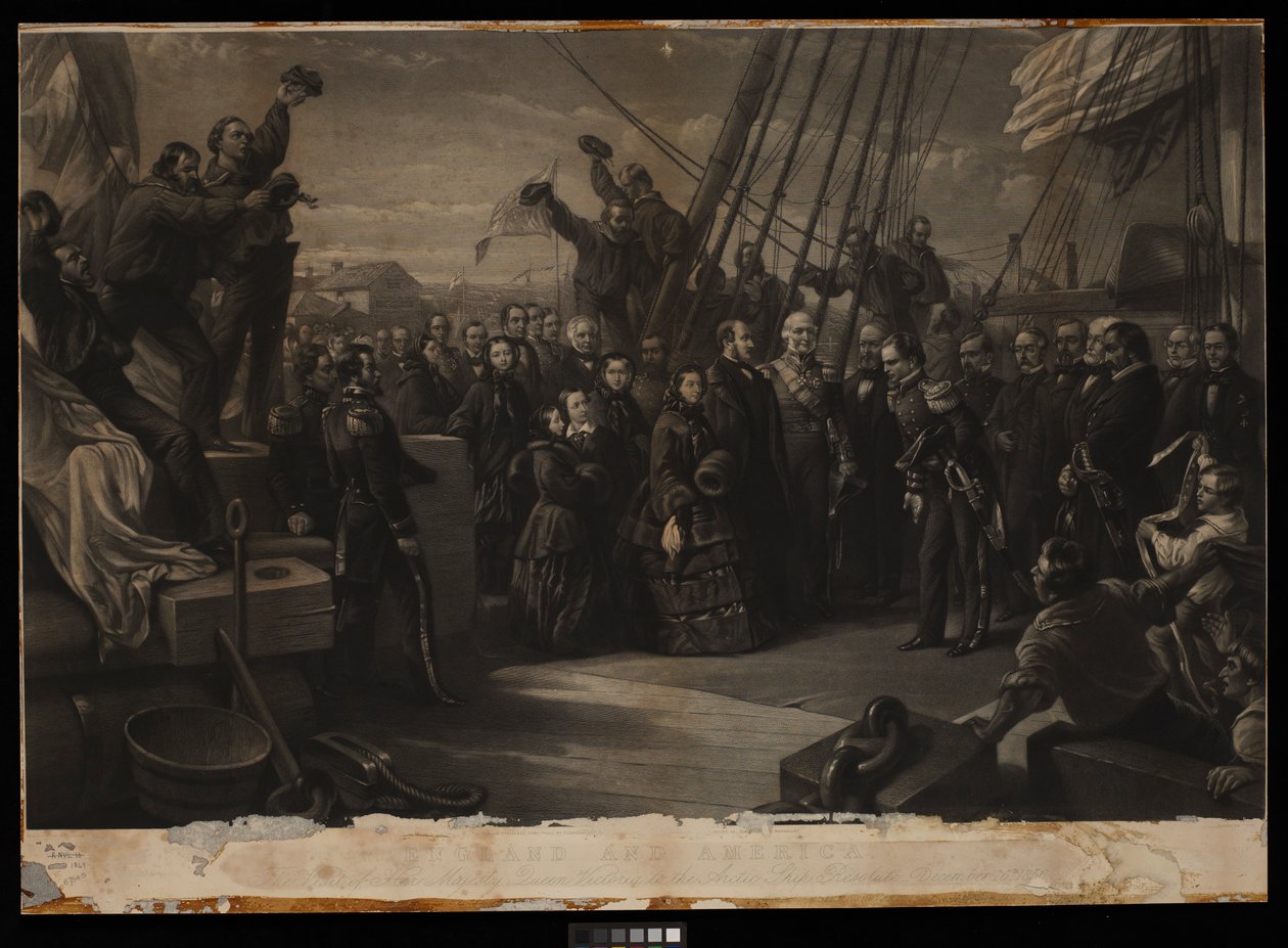 Englanti ja Amerikka. Hänen Majesteettinsa kuningatar Victorian vierailu arktisella Resolute-aluksella 16. joulukuuta 1856, n. 1859 (kaiverrus, tikkaus, kartonki). tekijältä William 