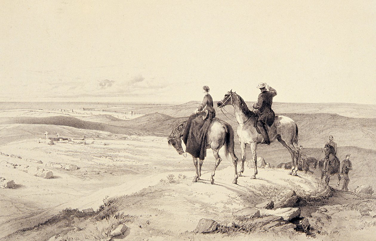 Florence Nightingale ja Mr Bracebridge Cathcarts-kukkulalla näköalalla Sebastopoliin tekijältä William Crimea Simpson