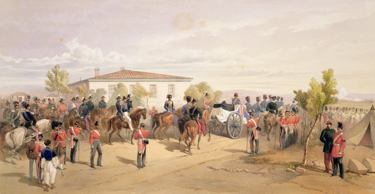 Lord Raglanin hautauskorteesi lähtee päämajasta, levy "The Seat of War idässä", pubi. Paul und Dominic Colnaghi und Co., 1856 tekijältä William Crimea Simpson