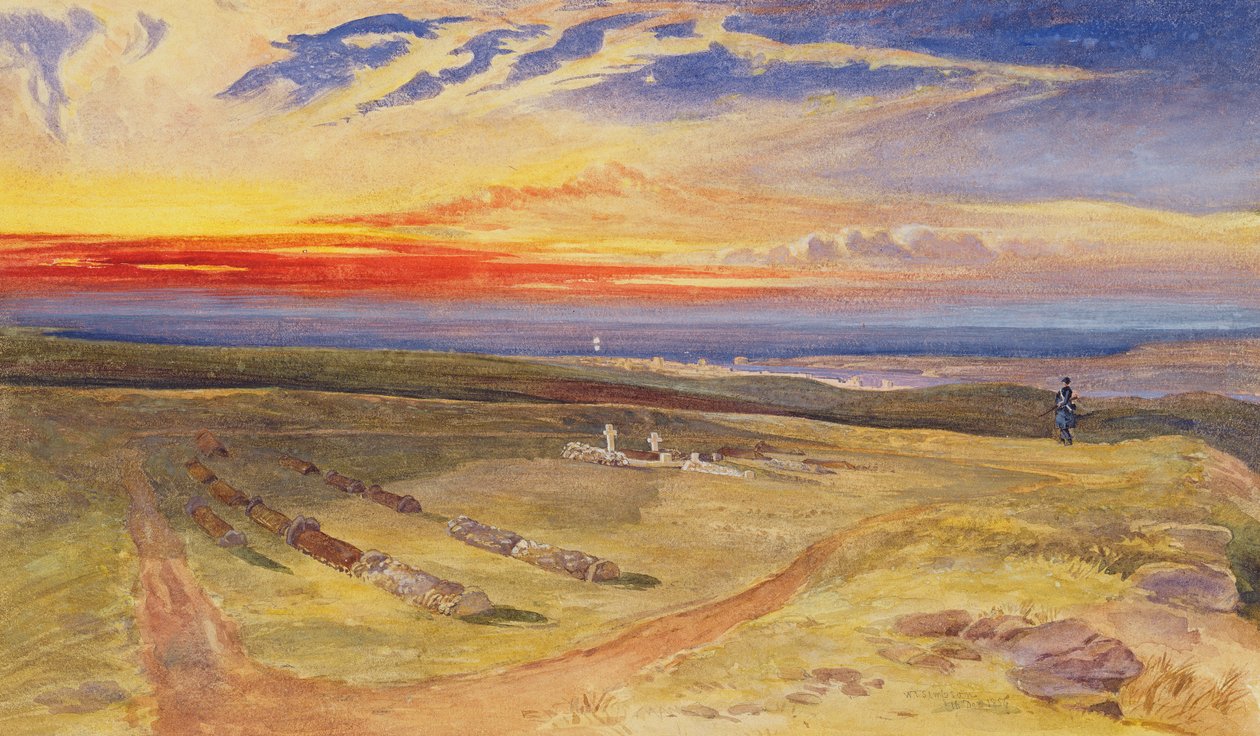 Upseerien haudat Cathcart Hillin linnakkeessa, 1854 (wc ja ruumiinväri grafiitin päällä paperilla) tekijältä William Crimea Simpson