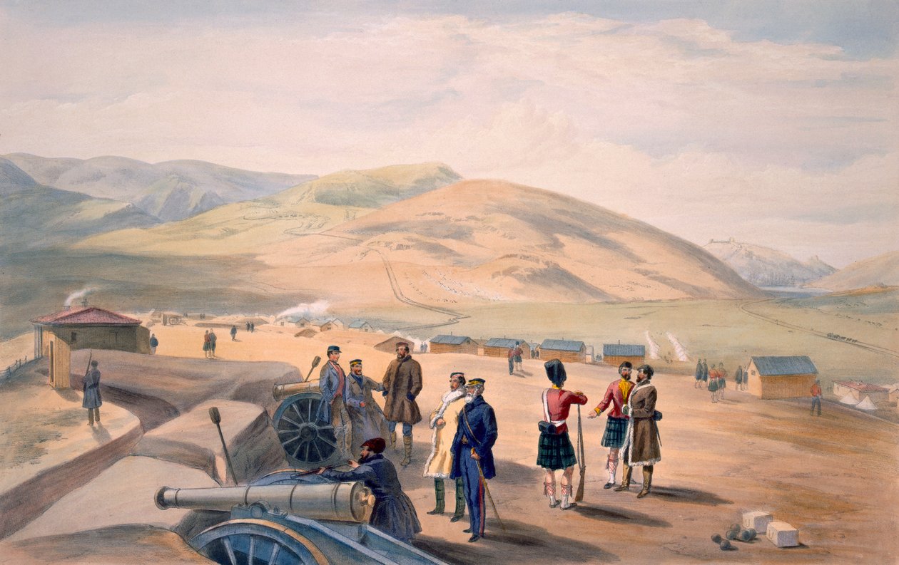 Highland Brigade Camp, levy "The Seat of War in the East" -julkaisusta, julkaisija Colnaghi and Co., 1856 tekijältä William Crimea Simpson