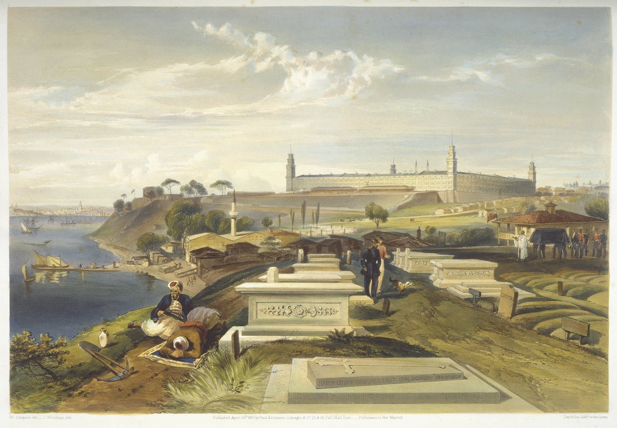 Sairaala ja hautausmaa, Scutari, levy "The Seat of War in the East", pubi. Paul und Dominic Colnaghi und Co., 1856 tekijältä William Crimea Simpson