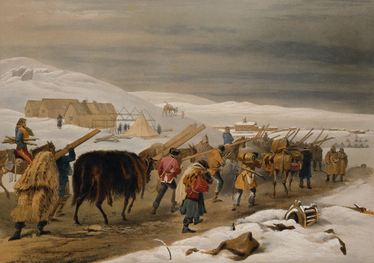 Mökit ja lämpimiä vaatteita armeijalle, lautanen "The Seat of War in the East", pubi. Paul und Dominic Colnaghi und Co., 1856 tekijältä William Crimea Simpson