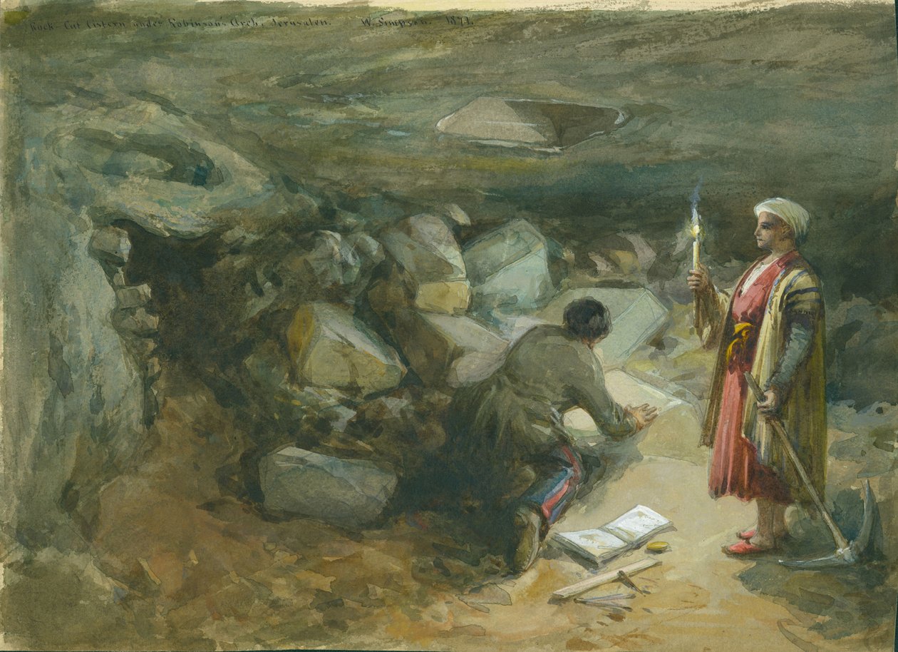 Kallioon hakattu säiliö Robinsonin kaaren alla, Jerusalem, 1871 (wc ja lyijykynä paperille) tekijältä William Crimea Simpson