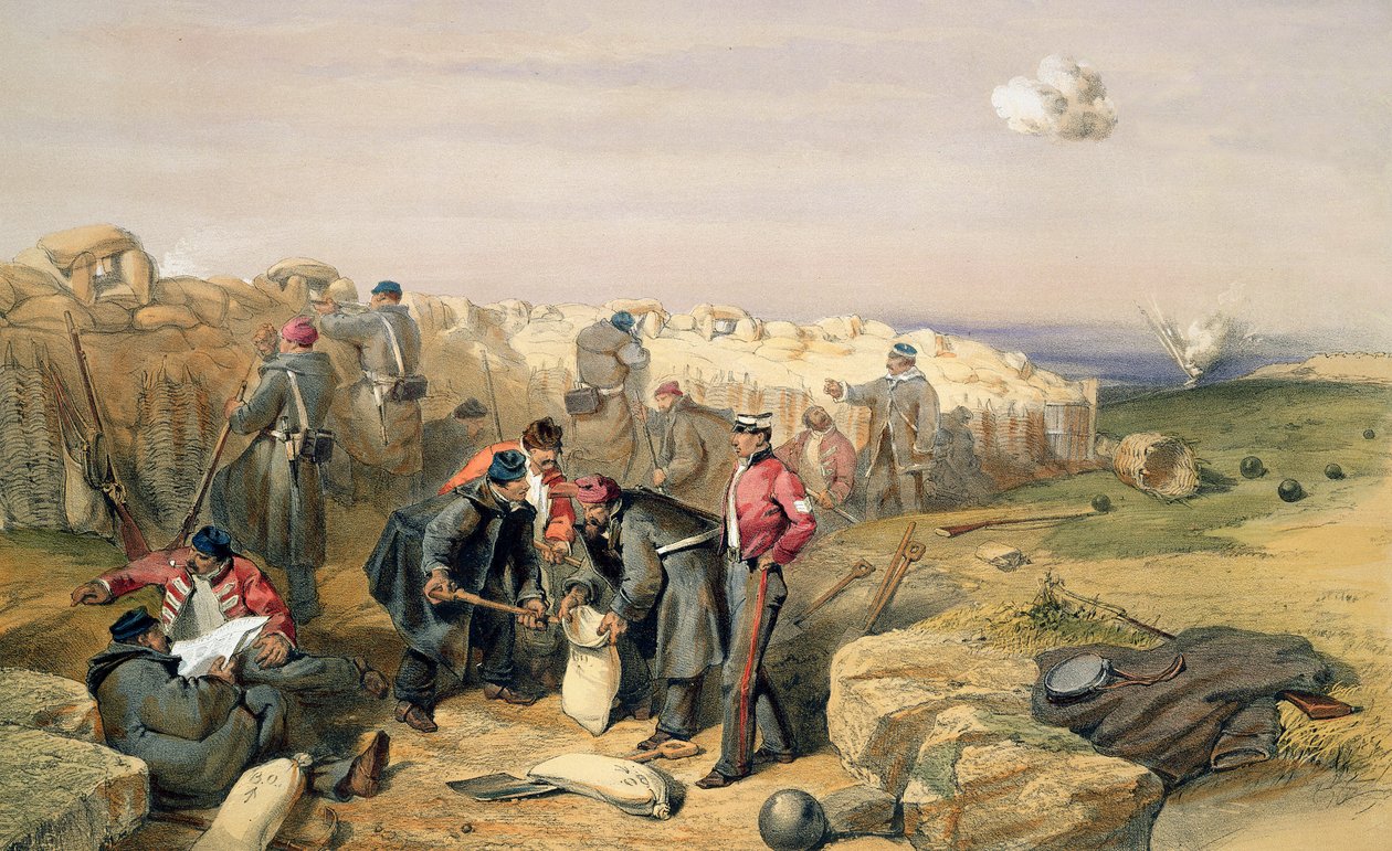 Russian Rifle Pit (nykyisin brittiläinen), levy elokuvasta "The Seat of War in the East", julkaisija Colnaghi and Co., 1856 tekijältä William Crimea Simpson