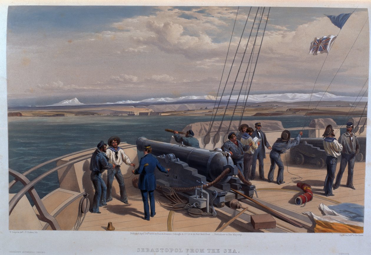Sebastopol from the Sea, kaiverrettu T. Picken, Colnaghi und Co.:n julkaisijasta "The Seat of War East - First Series", 1855 tekijältä William Crimea Simpson
