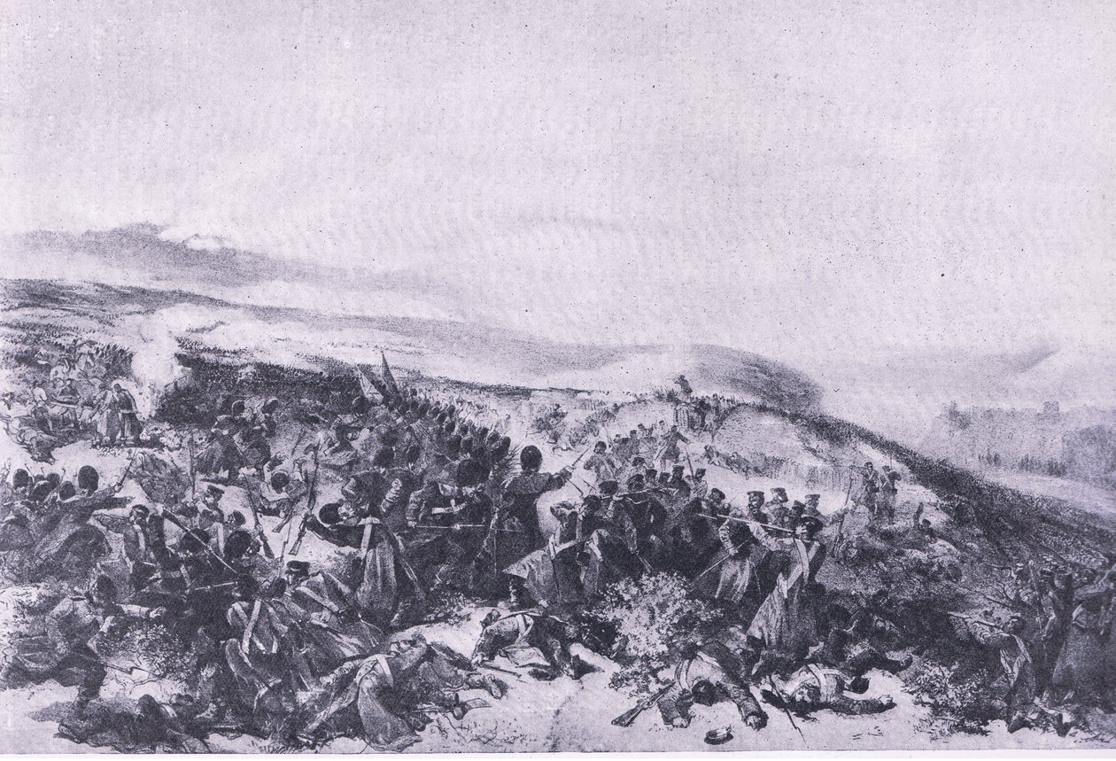 Vartijoiden toinen panos, kun he ottivat takaisin kaksi patteria Inkermanin taistelussa, esimerkki brittiläisistä taisteluista maalla ja merellä, 1915 tekijältä William Crimea Simpson