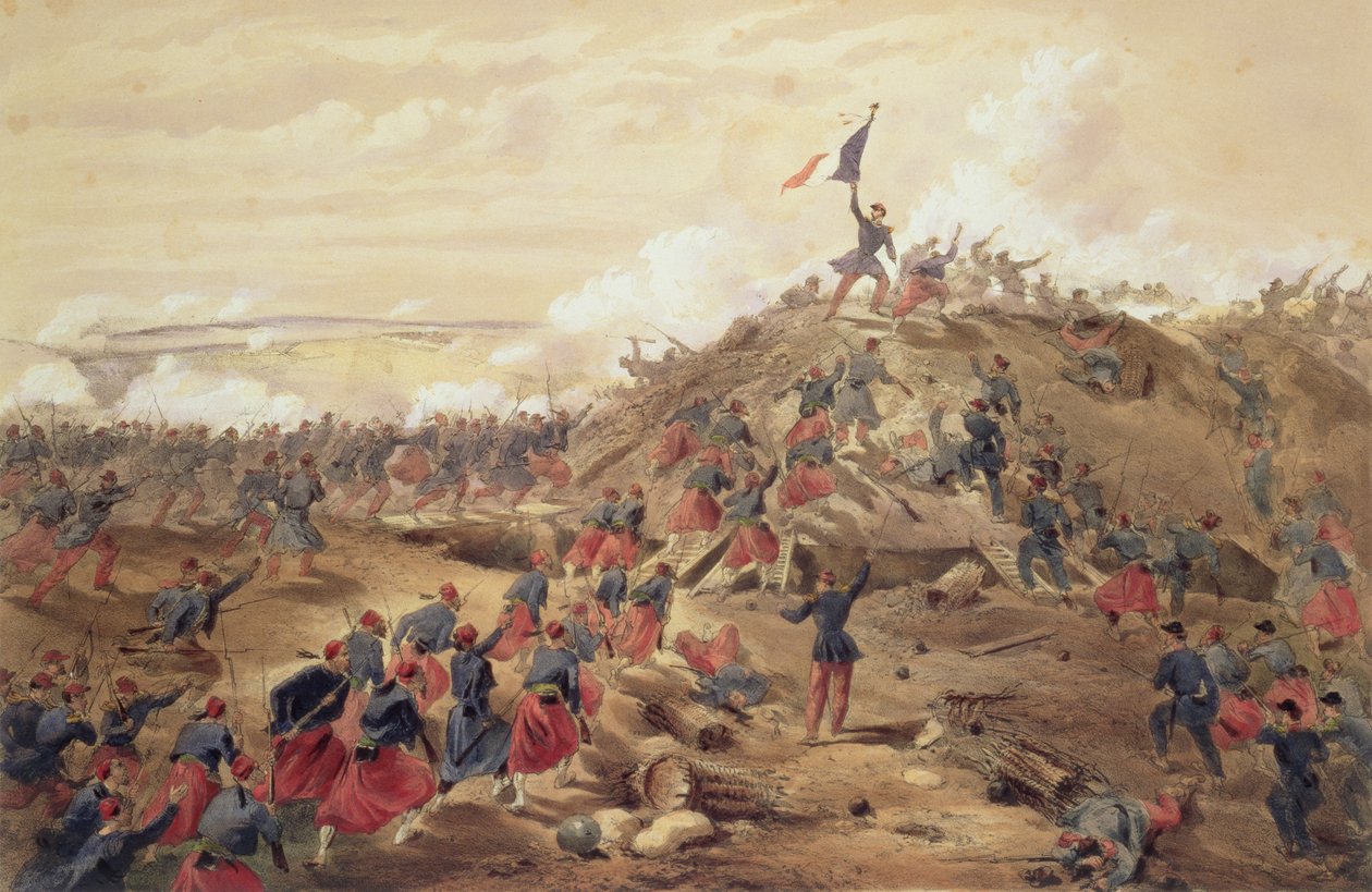 The Attack on the Malakoff, levy "The Seat of War in the East", pubi. Paul und Dominic Colnaghi und Co., 1856 tekijältä William Crimea Simpson