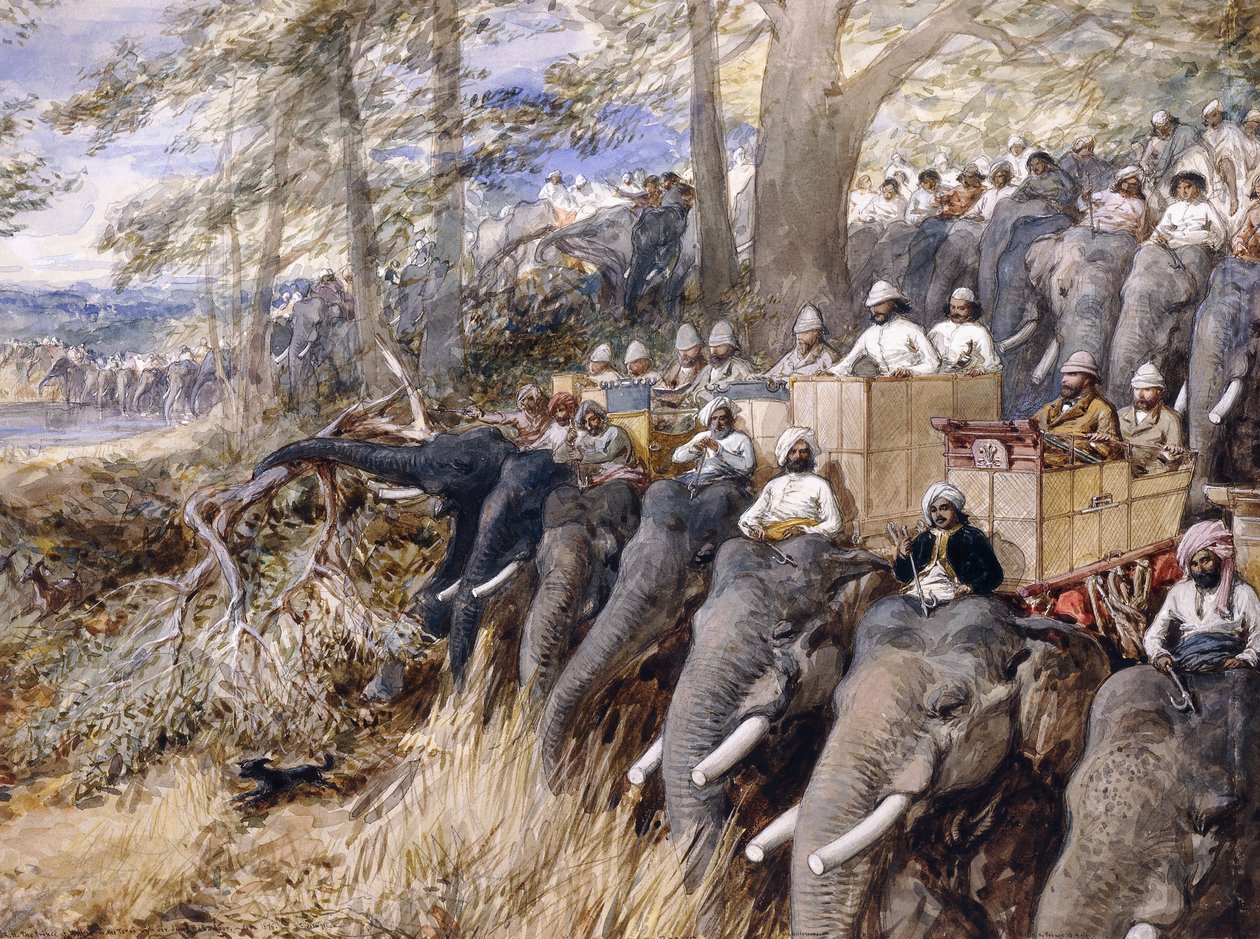 Walesin prinssi Terailla lyömässä viidakkoa Sir Jung Bahadur Ranan kanssa, 1876 tekijältä William Crimea Simpson