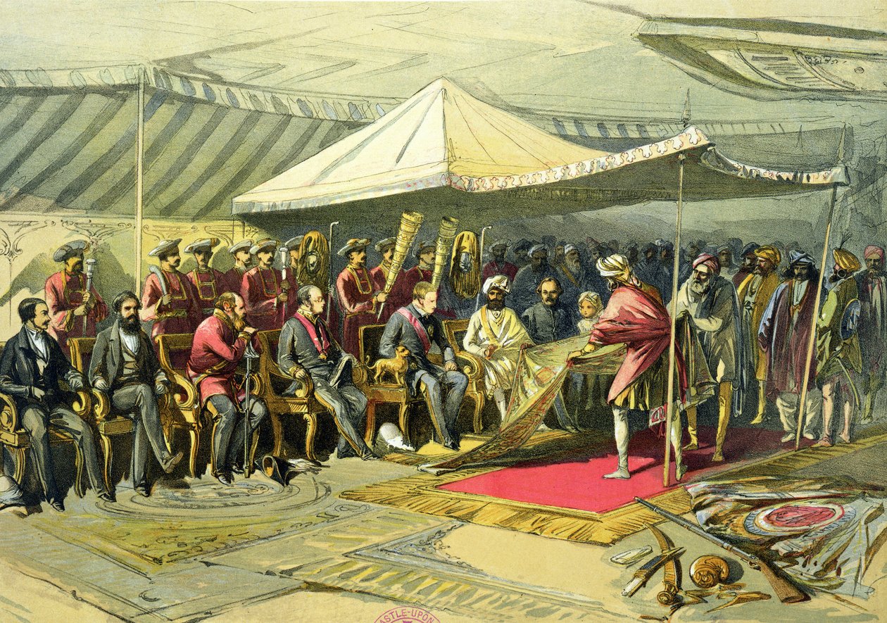 Varakuninkaan paluuvierailu Cashmere-maharajalle, 1863 (chromolitho) tekijältä William Crimea Simpson