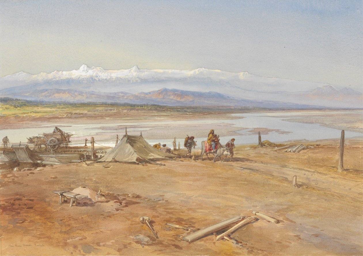 Chenab-joki, Punjab, 1865 (wc ja guassi paperilla) tekijältä William Crimea Simpson