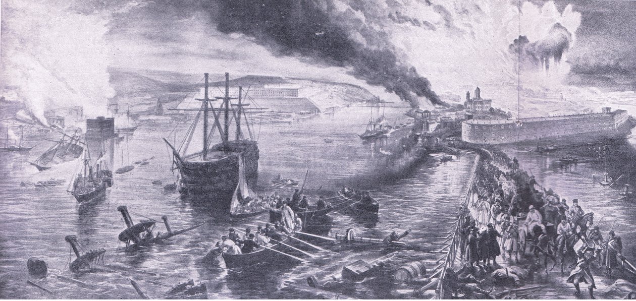 Sevastopolin kaatuminen ja venäläisten vetäytyminen, 8. syyskuuta 1855, kuva brittiläisistä taisteluista maalla ja merellä, 1915 tekijältä William Crimea Simpson