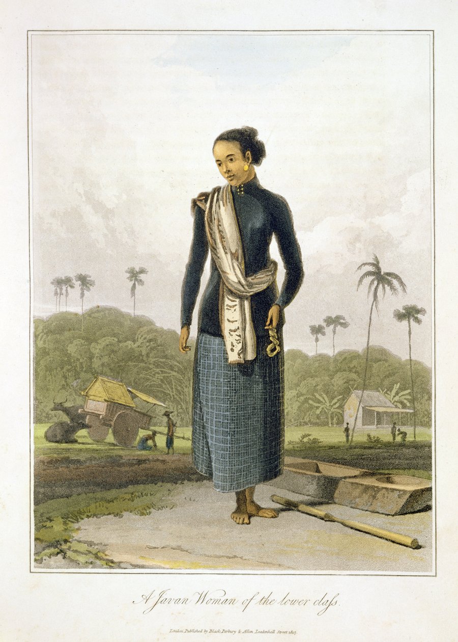 Alempaan yhteiskuntaluokkaan kuuluva jaavalainen nainen, taulu 3 Thomas Stamford Rafflesin (1781-1826) teoksen "The History of Java" (Jaavan historia), osa I, julkaisu. 1817 (akvatintta) tekijältä William Daniell