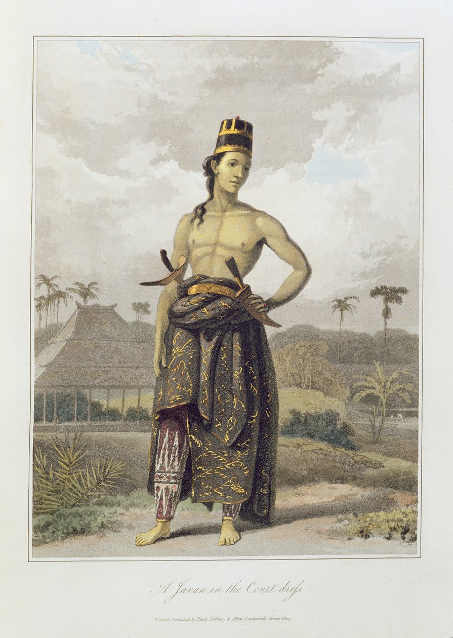 Javan in Court Dress, pl. 6 Thomas Stamford Bingley Rafflesin (1781-1826) pubin "The History of Java" osasta I. 1817 (värillinen akvatinta) tekijältä William Daniell