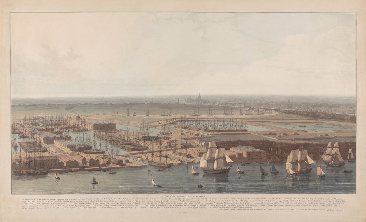 Näkymä Rotherhithen kauppasatamaan tekijältä William Daniell