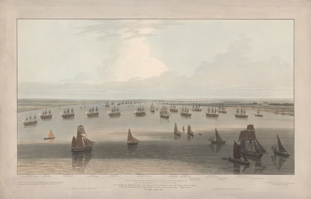 Näkymä Hopeen sijoitetuista fregateista Trinity Housen vanhempien veljien komennossa, Thamesin suisto tekijältä William Daniell