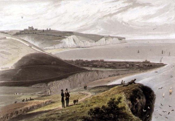 Dover, Shakespearen kalliosta, 1829 ilmestyneestä teoksesta A Around Great Britain Undertaken between the Years 1814 and 1825 (akvatinta) tekijältä William Daniell