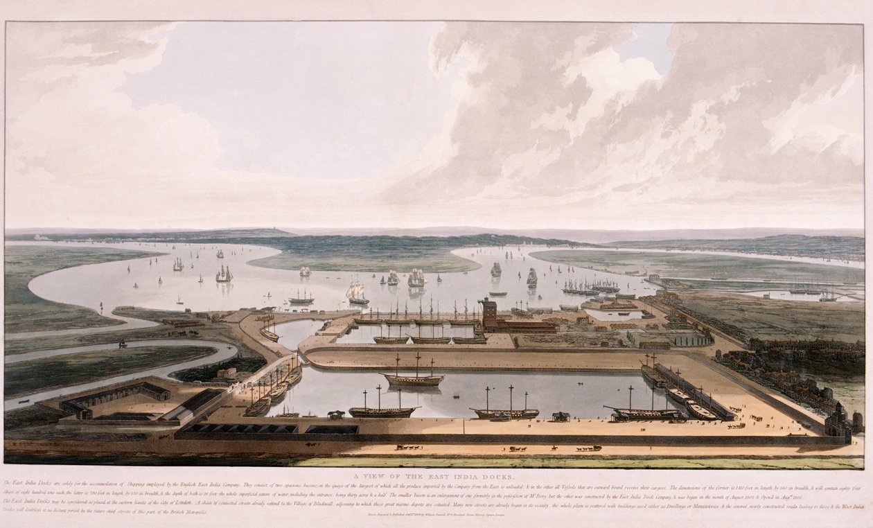 East India Docks, Poplar, Lontoo, 1808 tekijältä William Daniell
