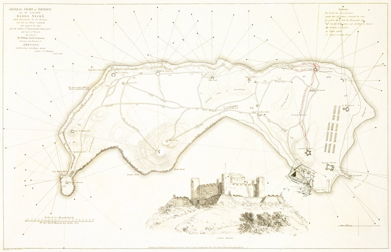 Banda Neiran saaren yleinen puolustuskartta, 1800-luvun alku (värillinen etsaus). tekijältä William Daniell