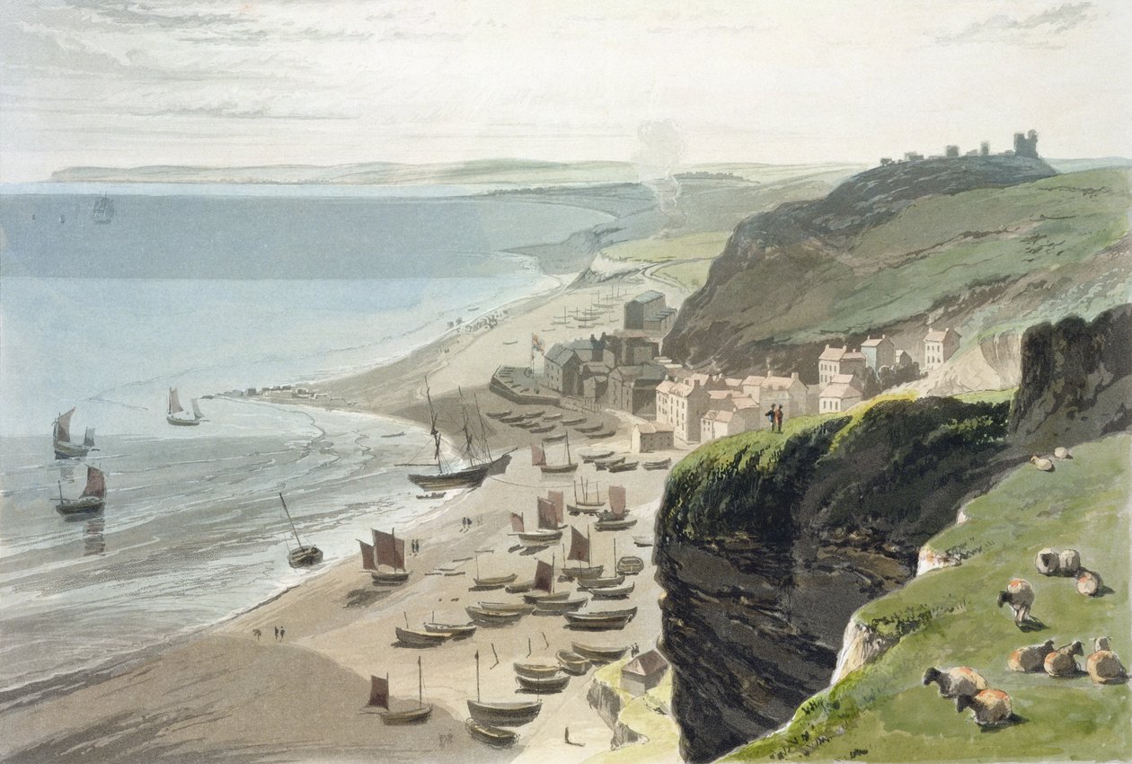 Hastings, East Cliffistä, teoksesta "A Joyage Around Great Britain Undertaken between the Years 1814-1825", julkaistu 1823 tekijältä William Daniell