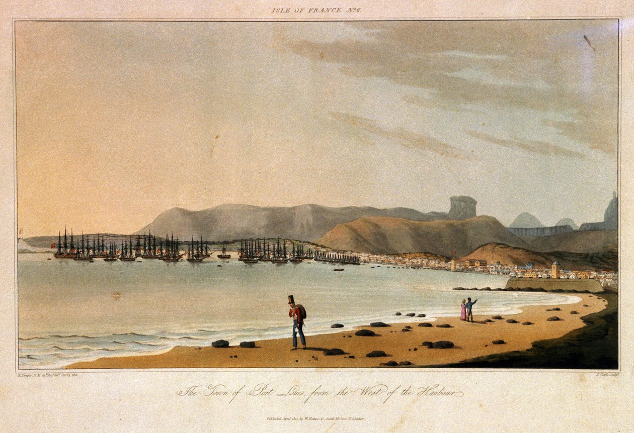 Ile de France (Mauritius), Port Louisin kaupungista katsottuna, sataman länsipuolelta. Etsaus väreillä tekijältä William Daniell
