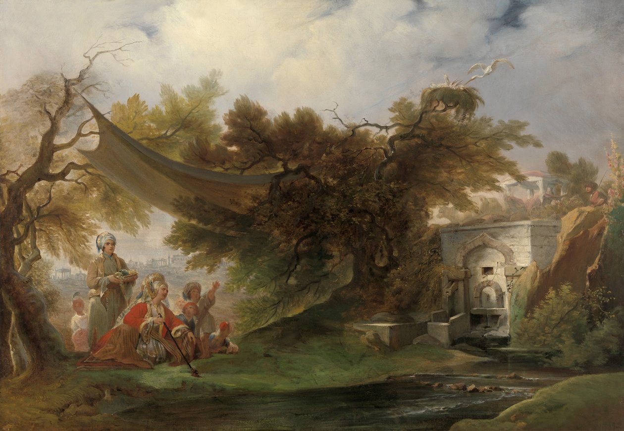Intialainen maisema hahmoilla lähellä puroa (öljy kankaalle) tekijältä William Daniell