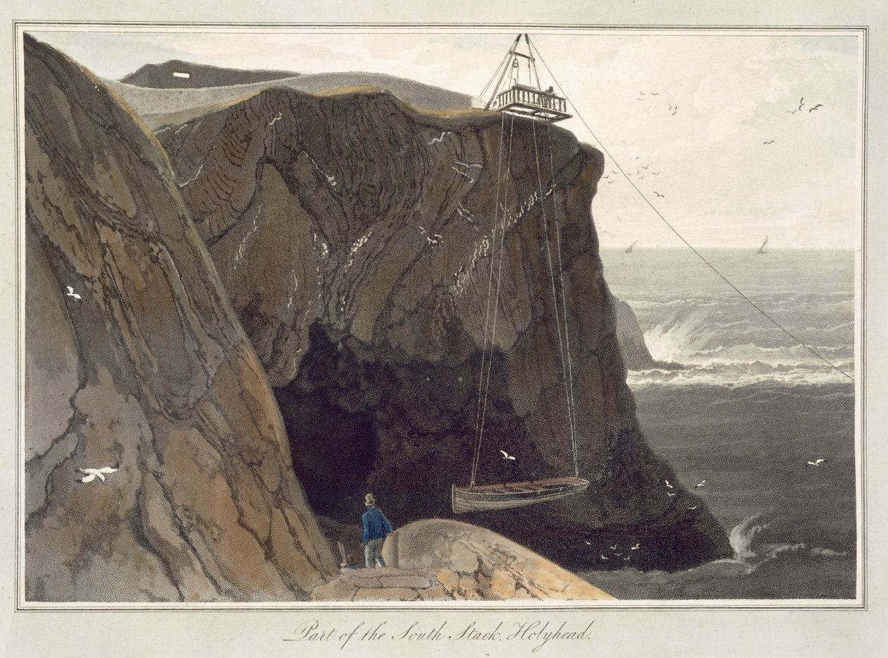 Veneen laskeminen alas Holyheadin laiturilta, vuonna 1829 julkaistusta "Matka Ison-Britannian ympärille, tehty vuosina 1814-1825" tekijältä William Daniell