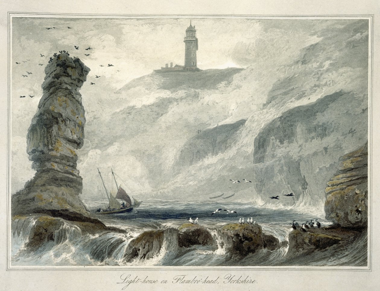 Lighthouse on Flamborough Head, 1822 julkaistun "Matka Ison-Britannian ympäri vuosina 1814 ja 1825 välillä" osasta VI. tekijältä William Daniell