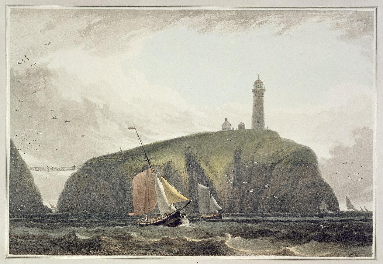 Lighthouse on the South Stack, Holyhead, teoksesta "A Voyage Around Great Britain Undertaken between the Years 1814-1825", julkaistu 1815 tekijältä William Daniell
