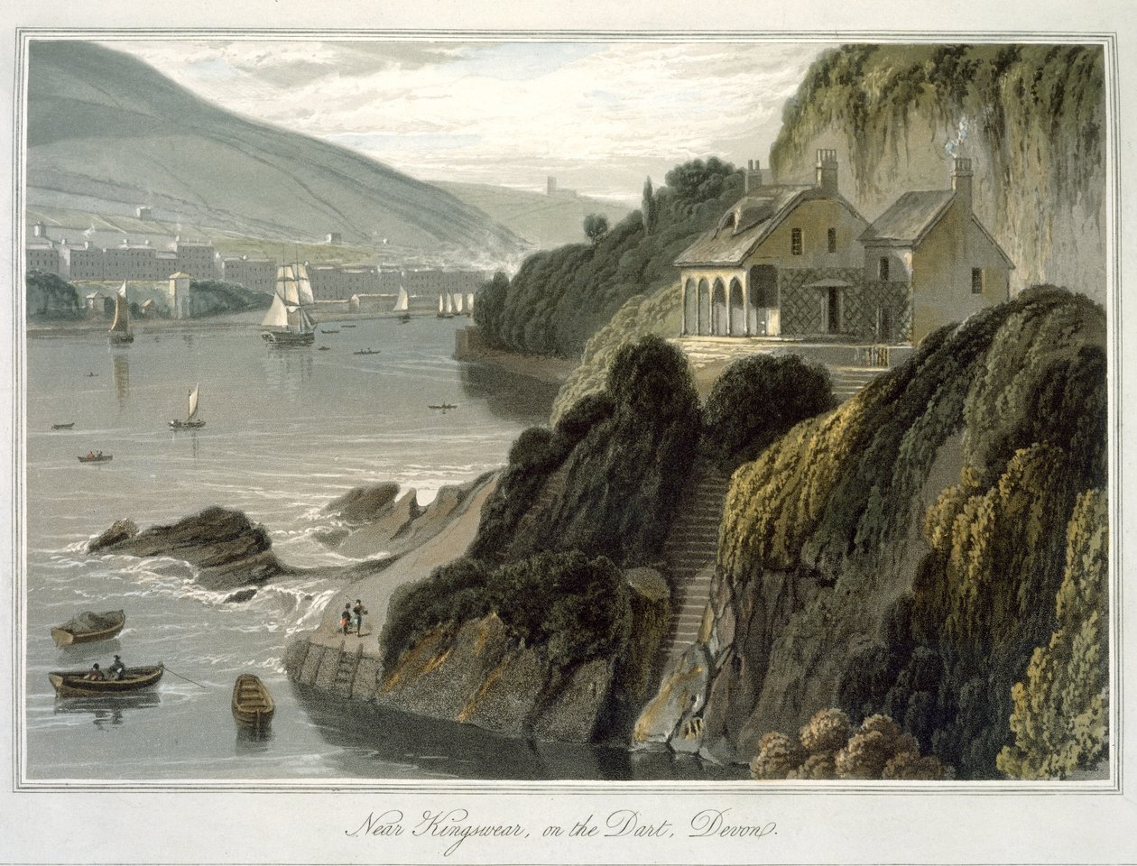 Lähellä Kingswearia, Dart-joella, Devonissa, vuonna 1825 julkaistun teoksen "A Voyage Around Around Great Britain Undertaken between the Years 1814 and 1825" (akvatintta) niteestä VIII. tekijältä William Daniell