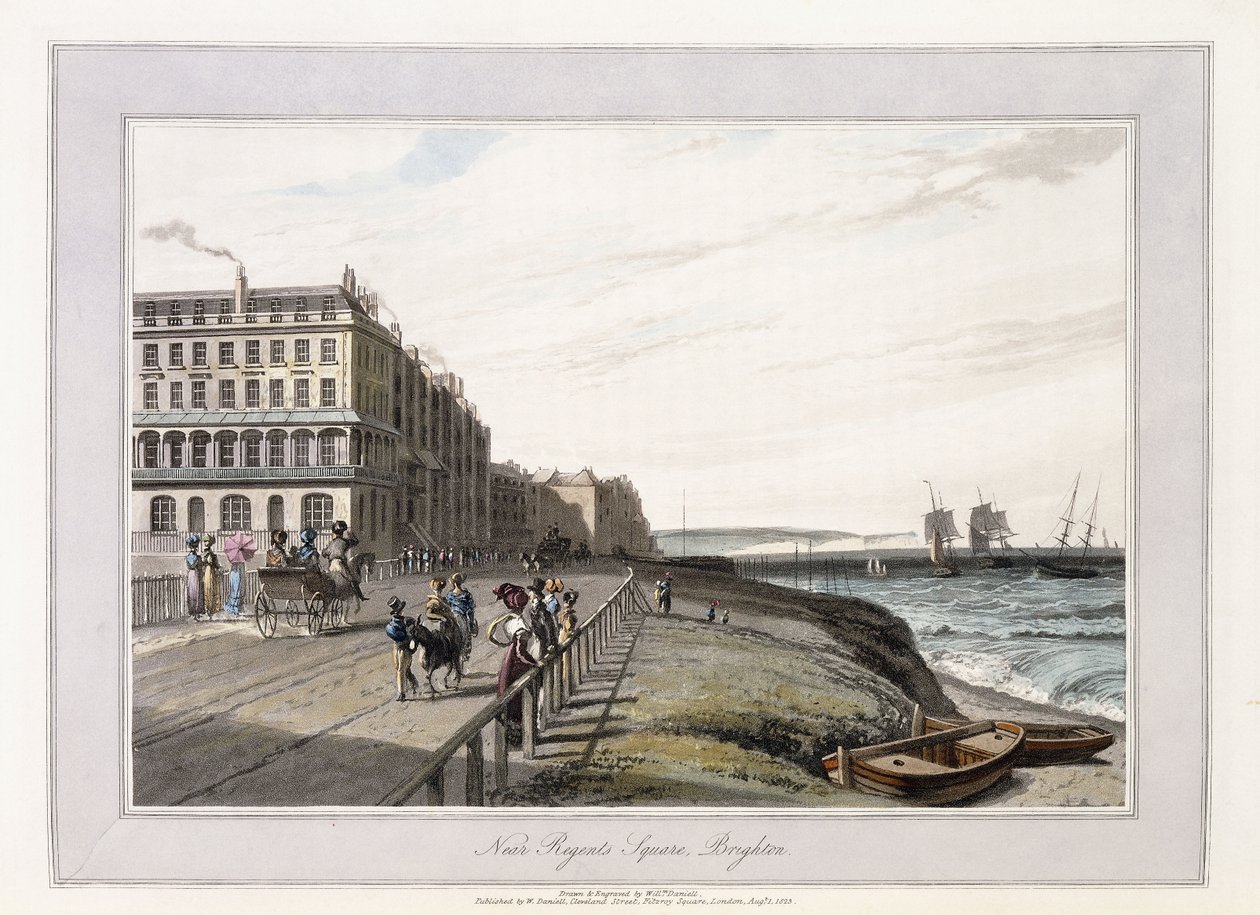 Lähellä Regents Squarea, Brighton, n. 1814-1825 (käsinvärinen akvatinta, harmaa pesuaine) tekijältä William Daniell