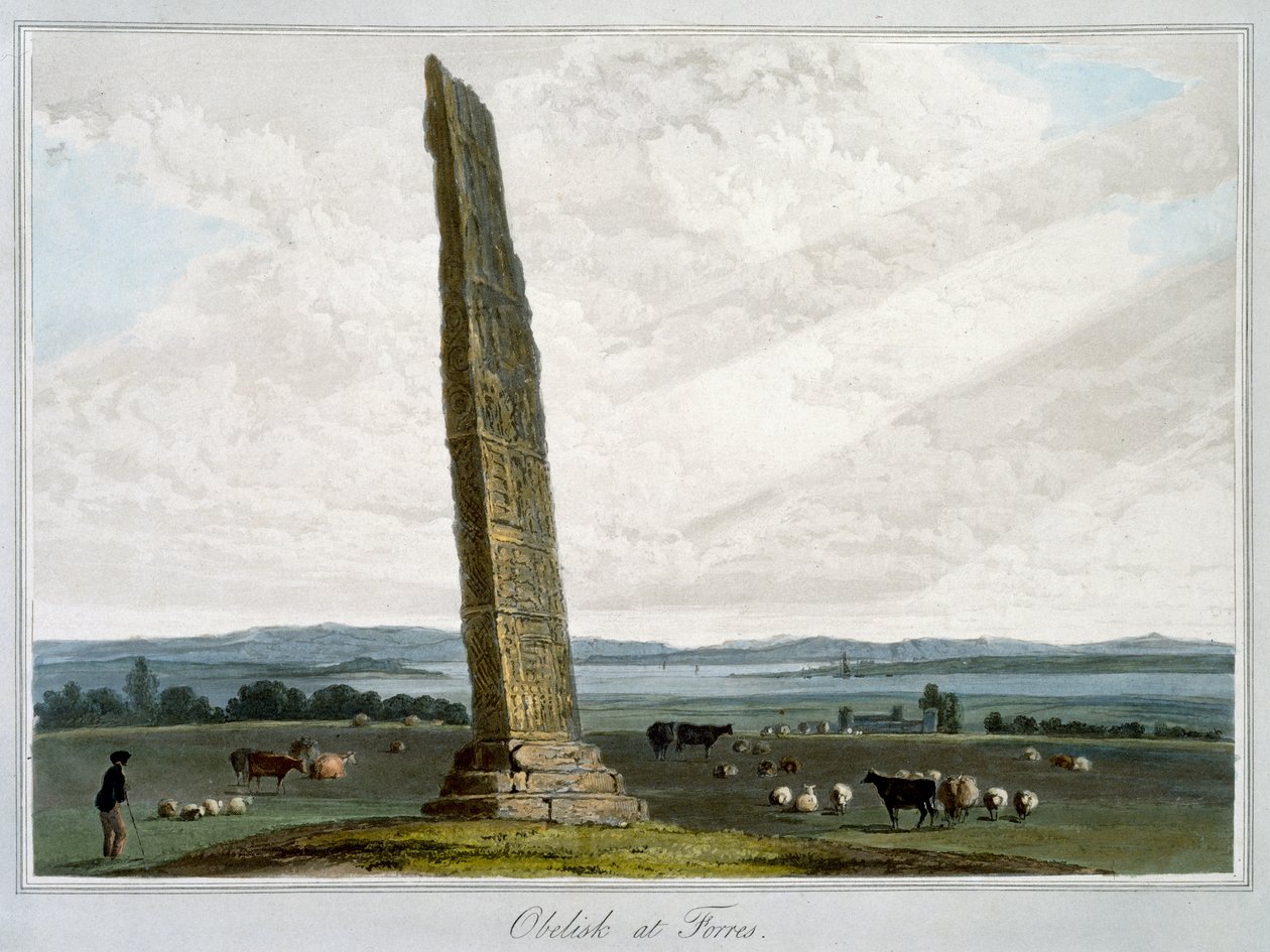 "Obelisk at Forres", Moray, Skotlanti, 1821 tekijältä William Daniell