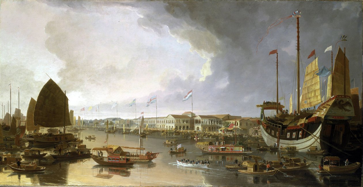 Yleiskatsaus eurooppalaisiin tehtaisiin Kantonissa (Kiina), kuvauksia Guangdong-joen (tai Pearl Riverin) navigoinnista ja monenlaisista veneistä. tekijältä William Daniell