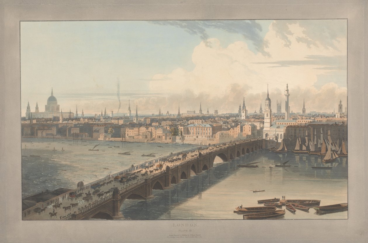 Kuva III: Lontoo, London Bridge (William Daniellin teoksesta Six Views of London; Thamesin puoli) tekijältä William Daniell