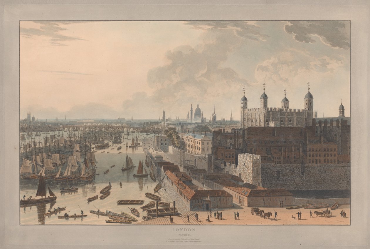 Kuva II: Lontoo, uima-allas ja Tower (William Daniellin teoksesta Six Views of London; Thamesin puoli) tekijältä William Daniell