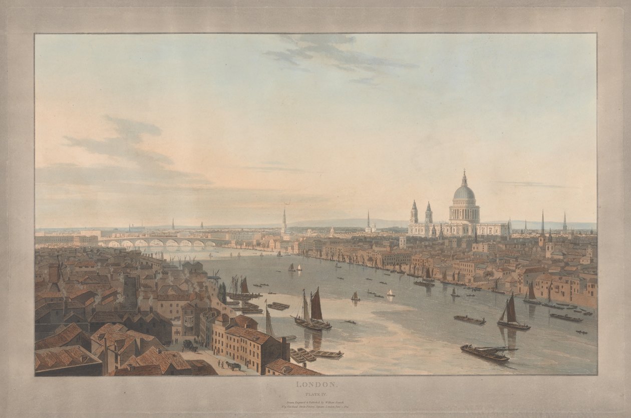 Kuva IV: Lontoo, St. Paulin katedraali ja Blackfriarsin silta Southwarkista katsottuna tekijältä William Daniell