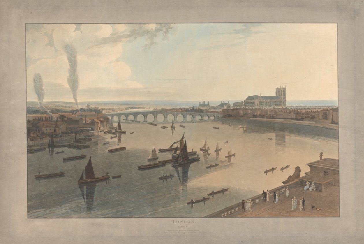 Taulu VI: Lontoo, Westminster Bridge ja luostarikirkko tekijältä William Daniell