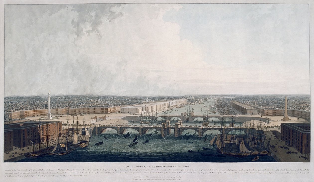 Ehdotettu London Bridge, Lontoo, 1802. tekijältä William Daniell