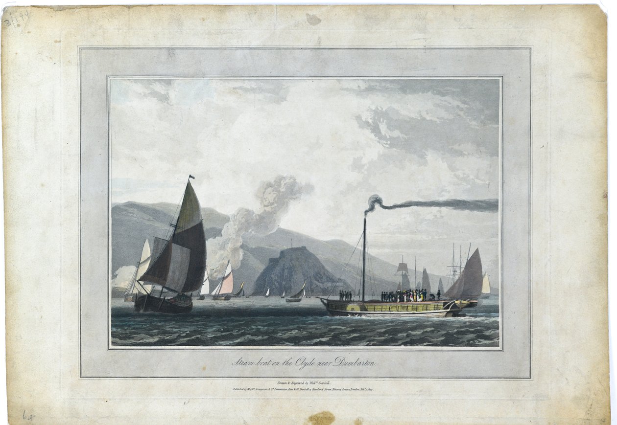 Höyrylaiva Clyde-joella lähellä Dumbartonia. tekijältä William Daniell