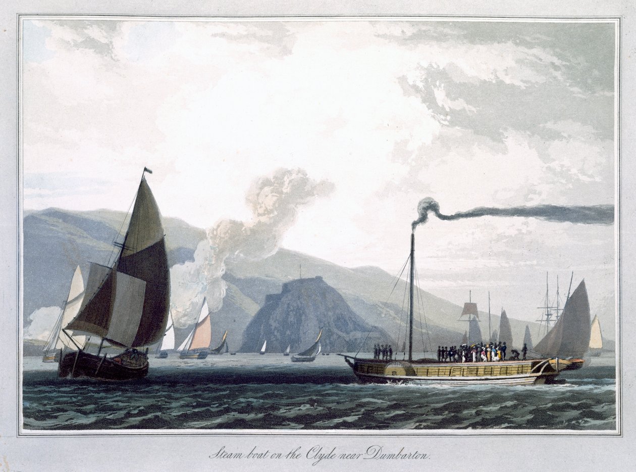 "Steamboat on the Clyde near Dumbarton", Escòcia, 1829 finlandès tekijältä William Daniell