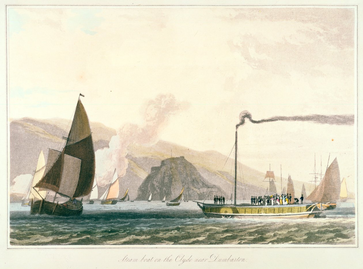 Höyrylaiva Clydellä lähellä Dumbartonia, c1814 tekijältä William Daniell