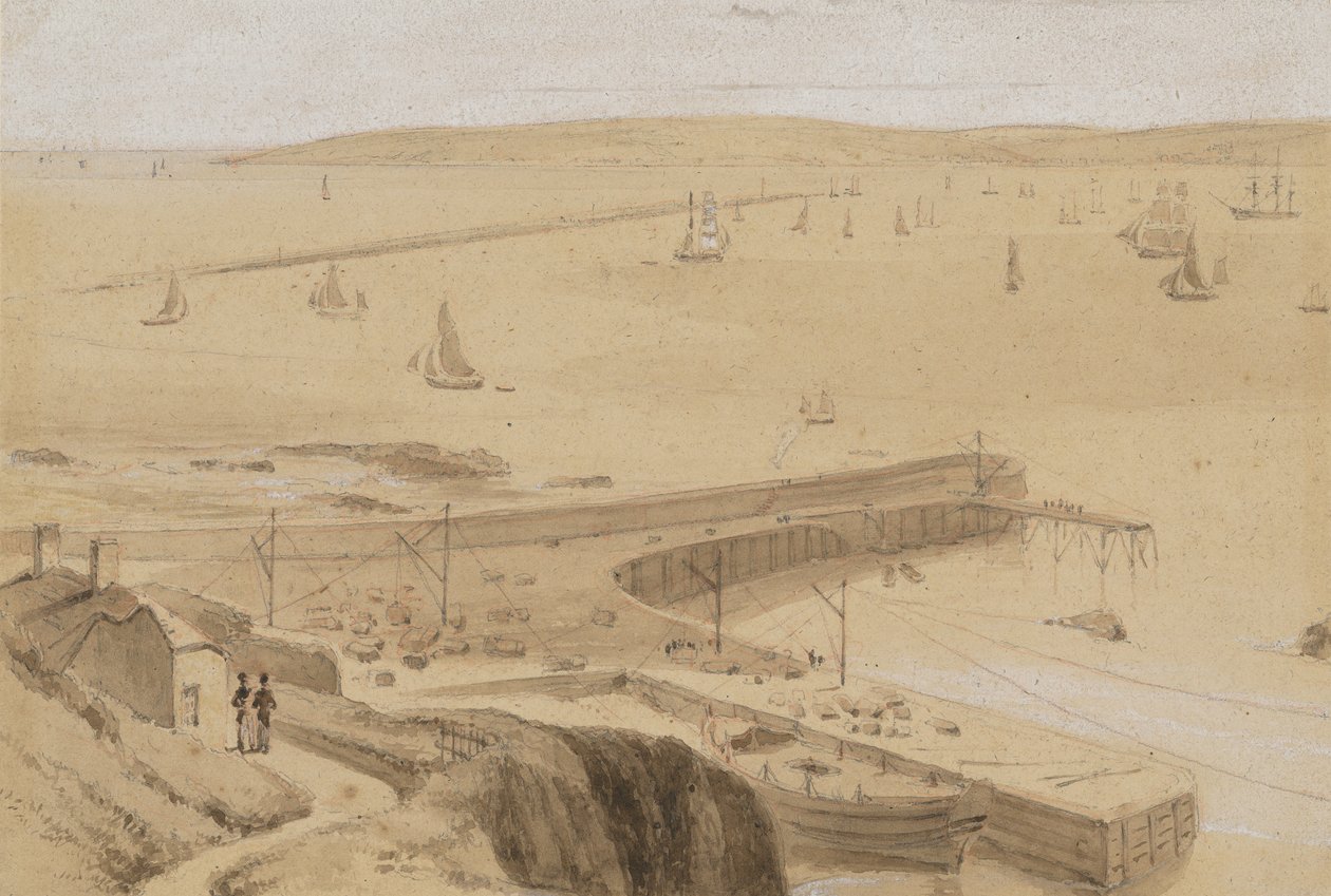 Luonnos teoksesta ”Straddon Pointin laituri Plymouthin lähellä” tekijältä William Daniell